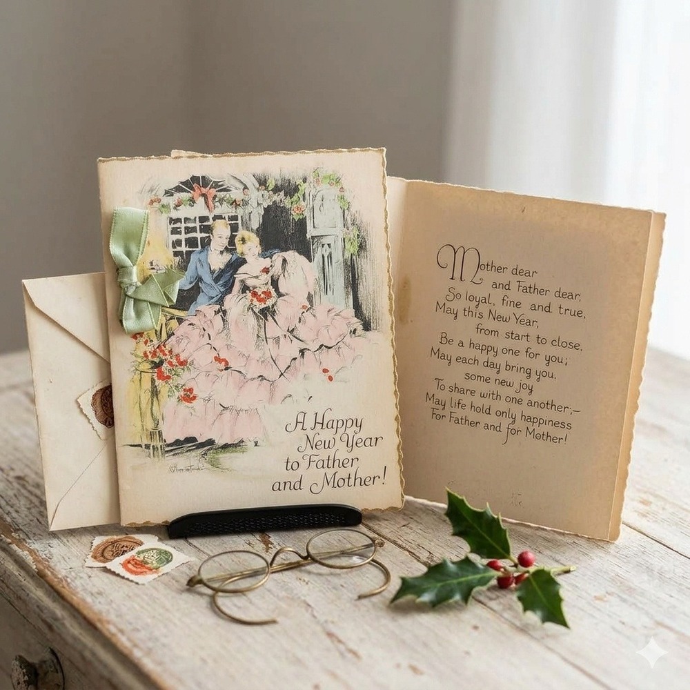 Vintage New Year Greeting Card Father Mother Olmsted Illustration Ephemera Gold